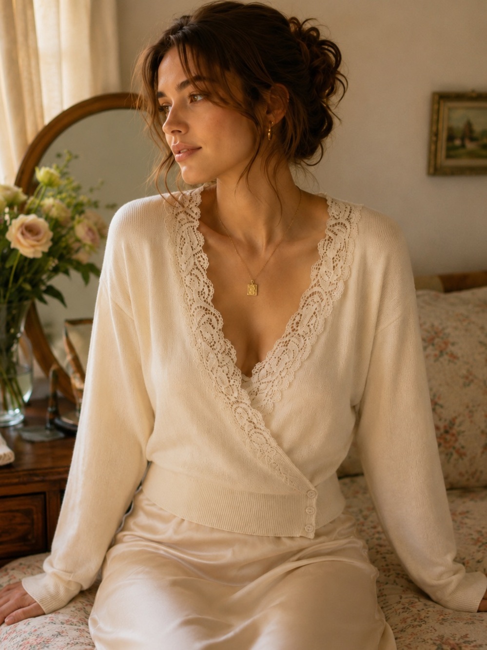 Vintage TOGETHER ! Lace Trim Wrap Cardigan Sweater Cream Cottagecore Romantic XL